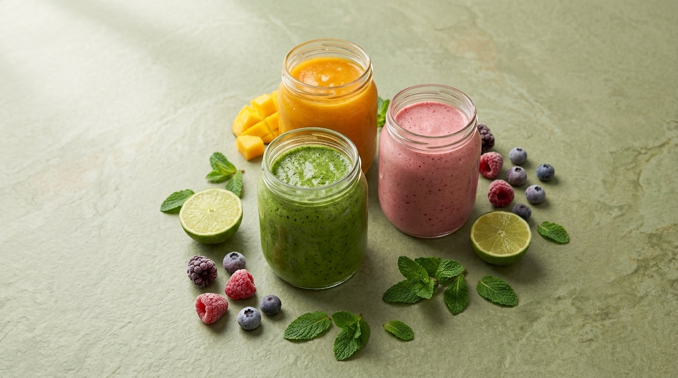 Three colorful smoothies in jars with fruits and mint leaves on a light green background