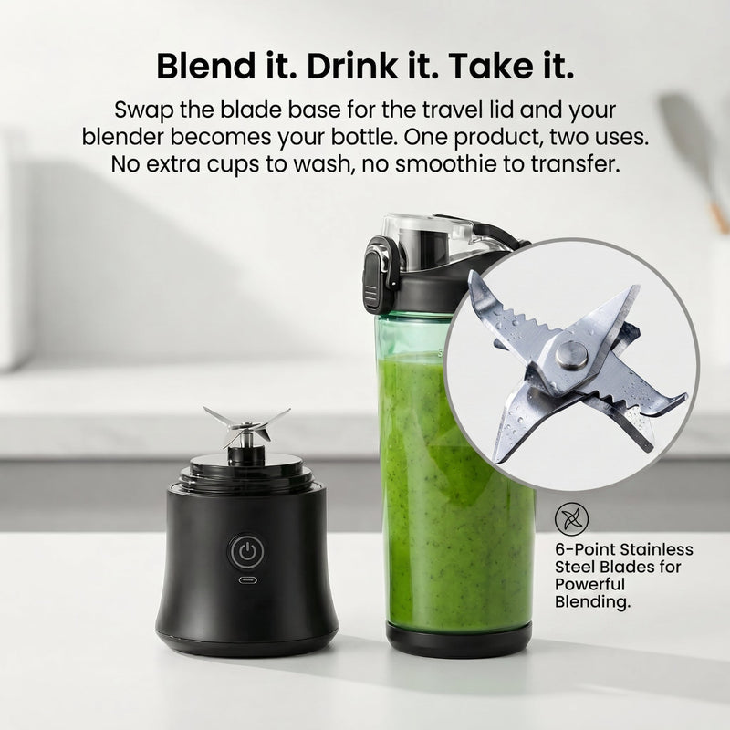 Ilvek Pro Portable Blender featuring a 2-in-1 design with a detachable blade base and a 600ml travel bottle containing a green smoothie.