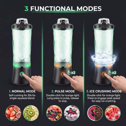 Infographic showing the 3 functional modes of the Ilvek Pro Portable Blender: Normal Mode for 30-second blends, Pulse Mode for manual control, and Ice Crushing Mode for peak power.
