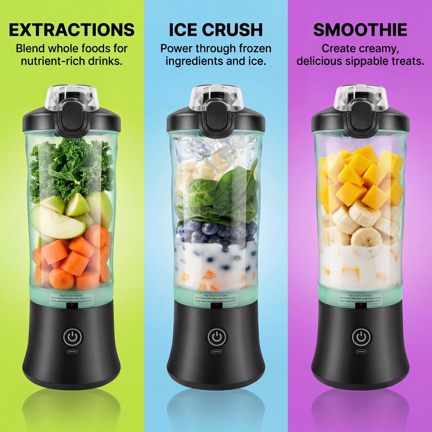 Infographic displaying the Ilvek Pro Portable Blender's versatility for nutrient extractions, crushing ice, and creating fruit smoothies.