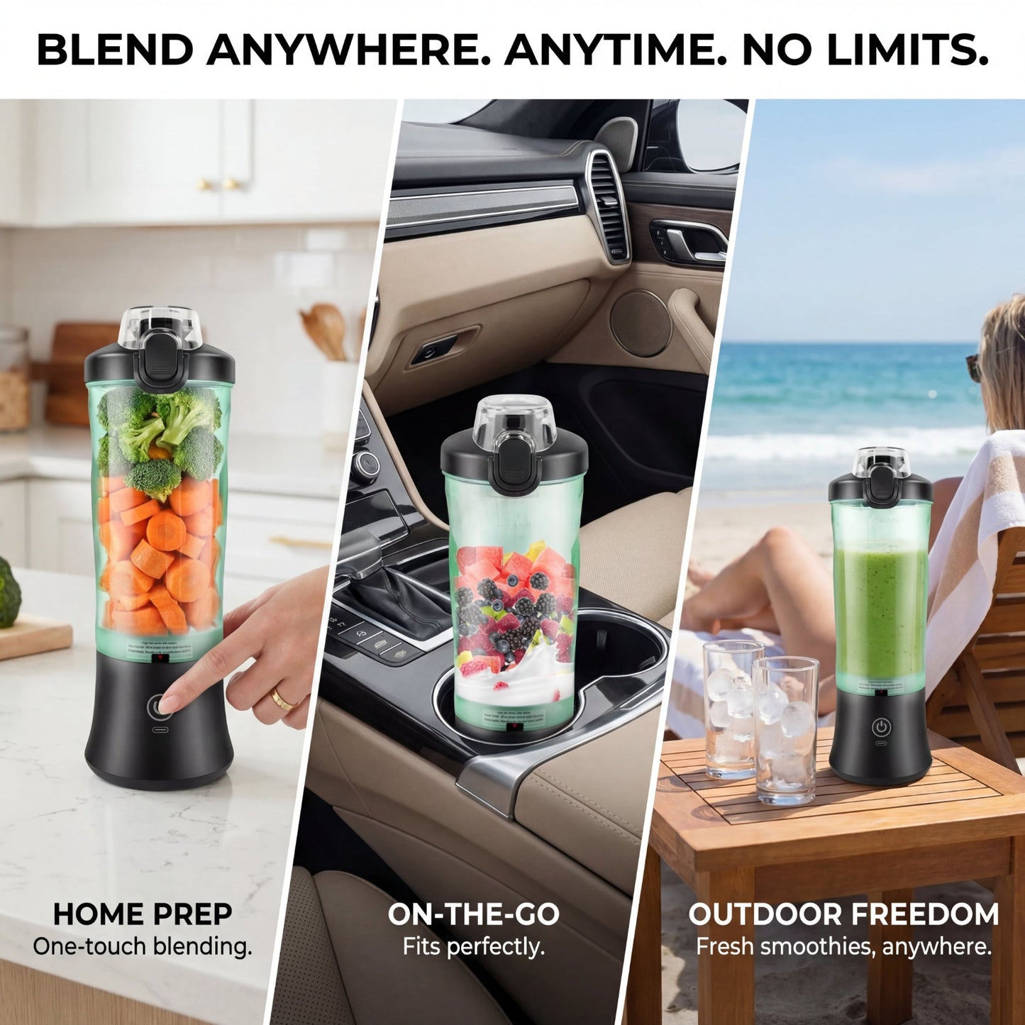 Ilvek Pro Portable Blender shown in three lifestyle settings: home kitchen prep, a car cup holder, and an outdoor beach environment.